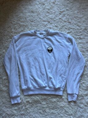 Brandy Melville White Long Sleeve Crewneck with Black Alien Patch